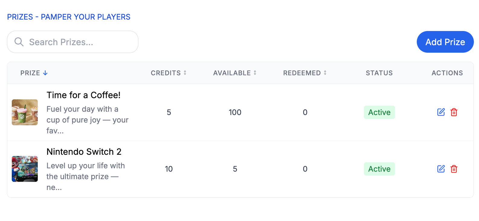 GameLayer dashboard - prize management
